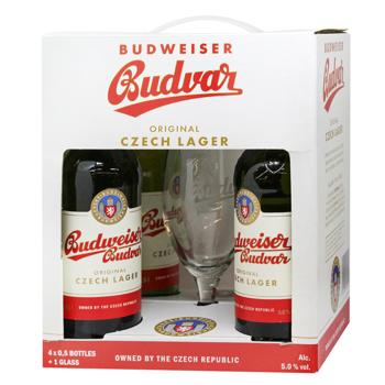 Budweiser Budvar Original Beer 5% 4x0.5l + Glass 0.33l Gift Set