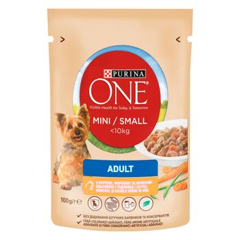 Корм вологий Purina One Adult з куркою, морквою та зеленою квасолею для собак малих порід 85г