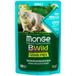 Корм вологий Monge Bwild Grain Free з тріскою, креветками та овочами для котів 85г