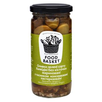 Оливки Food basket Халкідікі без кісточки мариновані з часником пастеризовані 260г