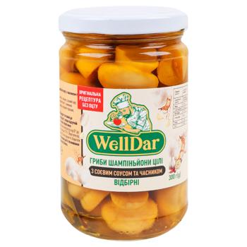 Шампиньоны WellDar целые отборные с соевым соусом и чесноком 300г