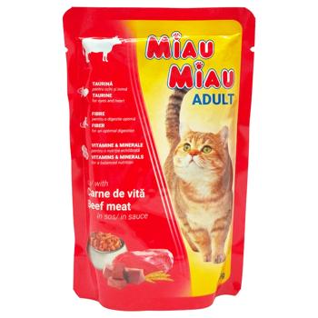 Корм вологий Miau Miau з яловичиною для дорослих котів 100г - купити, ціни на Таврія В - фото 1