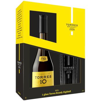 Бренді Torres 10 років 40% 0,7л та склянка