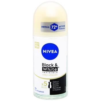 Антиперспірант кульковий Nivea Black&White Invisible Гладкий шовк 50мл - купити, ціни на МегаМаркет - фото 1