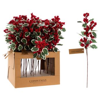 Гілка декоративна Листя падуба та червоні ягоди 58см