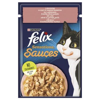 Корм влажный Felix Sensations Sauces с лососем в соусе со вкусом креветок для кошек 85г - купить, цены на КОСМОС - фото 1