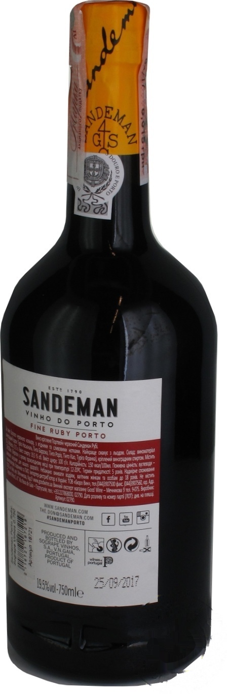 

Вино Sandeman Ruby Porto красное крепкое 19,5% 0,75л