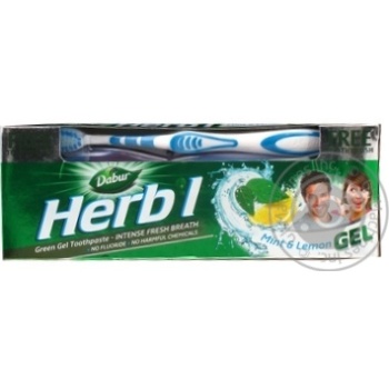 Набір Dabur Herb`l зубна паста М`ята і лимон+зубна щітка 150г купити, ціни на МегаМаркет - фото 1