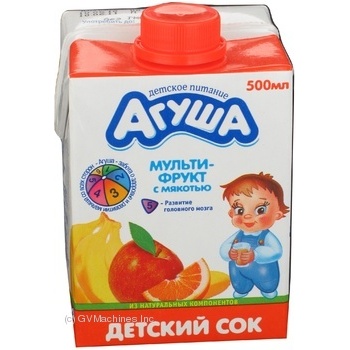 Reconstituted homogenized sterilized miltifruit juice with pulp Agusha enriched with iodine for 6+ months babies tetra pak 500ml Russia