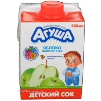 Reconstituted clarified sterilized juice Agusha apple for 3+ years children tetra pak 500ml Russia