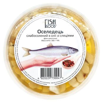 Оселедець Fish Good філе-шматочки слабосолений в олії зі спеціями 180г - купити, ціни на Чудо Маркет - фото 1