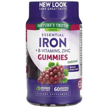 Залізо, вітаміни групи B, цинк, Essential Iron + B-Vitamins, Zinc, Nature's Truth, натуральний виноград, 60 веганських жувальних таблеток - купити, ціни на Біотус - фото 1