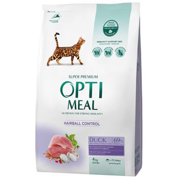 Корм сухой Optimeal с уткой для вывода шерсти у кошек 4кг