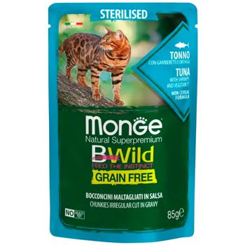 Корм вологий Monge Bwild Grain Free з тунцем, креветками та овочами для стерилізованих котів 85г - купити, ціни на MasterZoo - фото 1