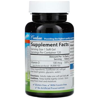 Вітамін D-3, Vitamin D3, Carlson, 100 мкг (4000 МО), 120 гелевих капсул - купить, цены на Biotus - фото 2