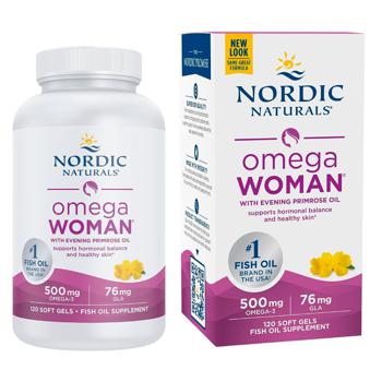 Рыбий жир и масло вечерней примулы для женщин Nordic Naturals Omega Woman со вкусом лимона 830мг 120 гелевих капсул - купить, цены на Biotus - фото 1