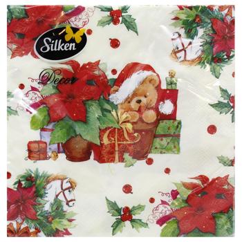 Салфетки столовые Silken Подарочный мишка 3-слойные 33*33см 18шт - купить, цены на ULTRAMARKET - фото 1