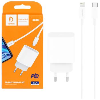 Мережевий зарядний пристрій Denmen DC06 20W 3.6A USB-C білий з кабелем Type-C - Lightning