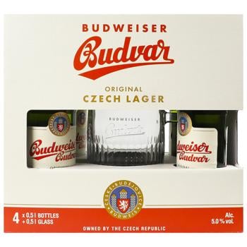 Набор Пиво Budweiser светлое 5% 4шт*0,5л + Бокал 0,5л - купить, цены на КОСМОС - фото 2