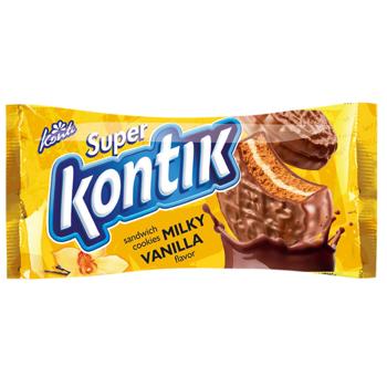 Печиво-сендвіч Konti Super Kontik молочний зі смаком ванілі в глазурі 90г - купити, ціни на Торба - фото 1