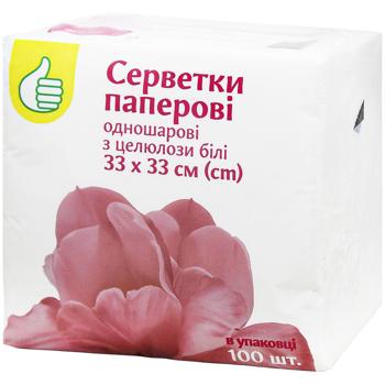 Салфетки Auchan бумажные однослойные белые 33х33см 100шт