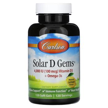 Carlson Labs Solar D Gems Lemon Flavored Fish Oil with Vitamin D3 4000 IU 120 softgels