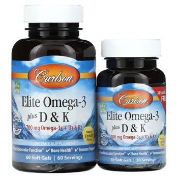 Риб'ячий жир, вітаміни Д3 і К Carlson Labs Elite Omega-3 Plus D&K зі смаком лимона 60+30 гелевих капсул