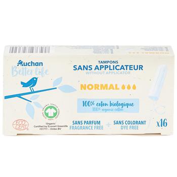 Тампони Auchan Normal органічні без аплікатора 16шт - купити, ціни на Auchan - фото 1