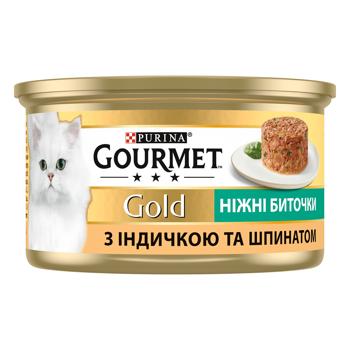 Корм влажный Gourmet Gold Нежные биточки с индейкой и шпинатом для кошек 85г - купить, цены на КОСМОС - фото 3