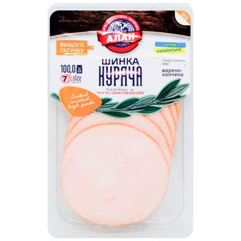 Шинка Алан Куряча нарізана варено-копчена вищий сорт нарізка 100г - купити, ціни на Grono - фото 1