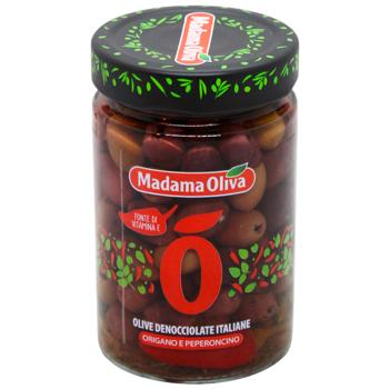 Оливки Madama Oliva итальянские с орегано и перцем чили без косточек 300г