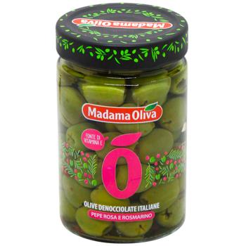 Оливки Madama Oliva итальянские с розовым перцем и розмарином без косточек 300г - купить, цены на WINETIME - фото 1