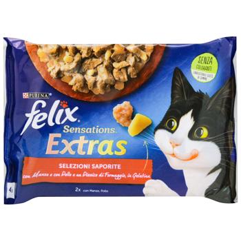 Набор влажных кормов Felix Sensations Extras с говядиной и курицей для взрослых котов 85г х 4шт - купить, цены на METRO - фото 1