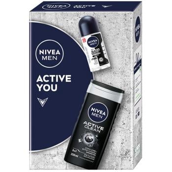 Nivea Active You Active Clean 3in1 Shower Gel 250ml + Roll-On Deodorant Black&White Invisible 50ml Gift Set