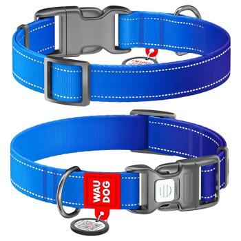 Нашийник для собак Waudog Mono Nylon з QR паспортом світловідбивний синій M 28-40см