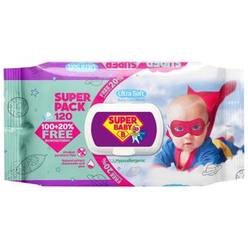 Серветки вологі Super Baby Ромашка та алое вера 120шт - купити, ціни на Чудо Маркет - фото 1