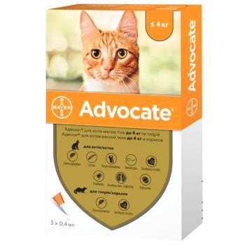 Краплі на холку Bayer/Elanco Advocate для котів до 4кг від зовнішніх та внутрішніх паразитів 1 піпетка