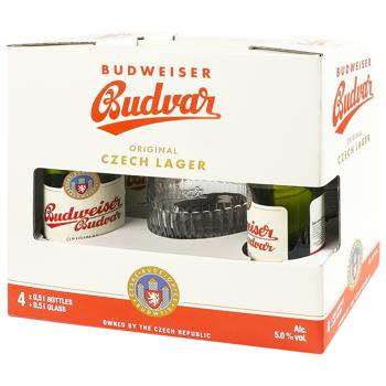 Набір Пиво Budweiser світле 5% 4шт*0,5л + Келих 0,5л - купити, ціни на КОСМОС - фото 1