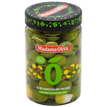 Оливки Madama Oliva Кастельветрено с лимоном и перцем чили без косточек 300г