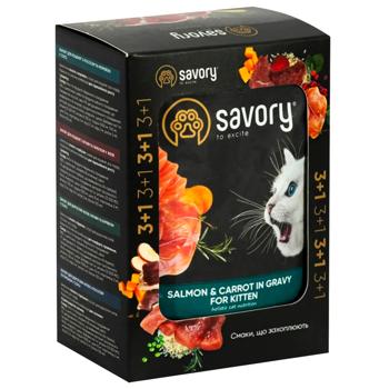 Savory Kitten упаковка вологого корму для кошенят 3+1 шт х 85 г - лосось та морква - купить, цены на MasterZoo - фото 1