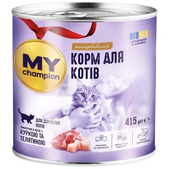 Корм влажный My Champion кусочки в желе с курицей и телятиной для взрослых кошек 415г - купить, цены на Auchan - фото 1