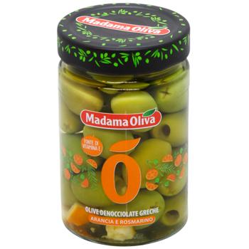 Оливки Madama Oliva греческие с апельсином и розмарином без косточек 300г