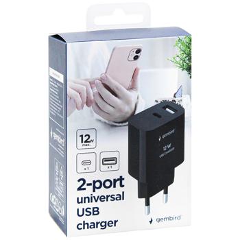 Сетевое зарядное устройство Gembird TA-UC-2AC12-01-BK 1USB 2.4A + 1USB-C 2.4A (12W) черное - купить, цены на Auchan - фото 3
