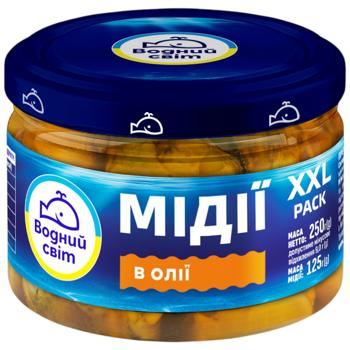 М'ясо мідій Водний Світ в олії 250г - купити, ціни на КОСМОС - фото 1