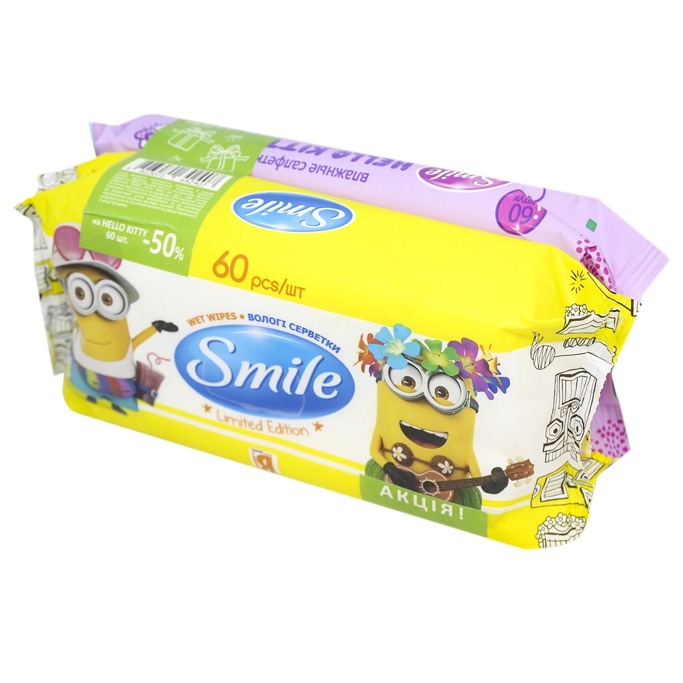 

Салфетки влажные Smile Миньоны + Хеллоу Китти 60шт