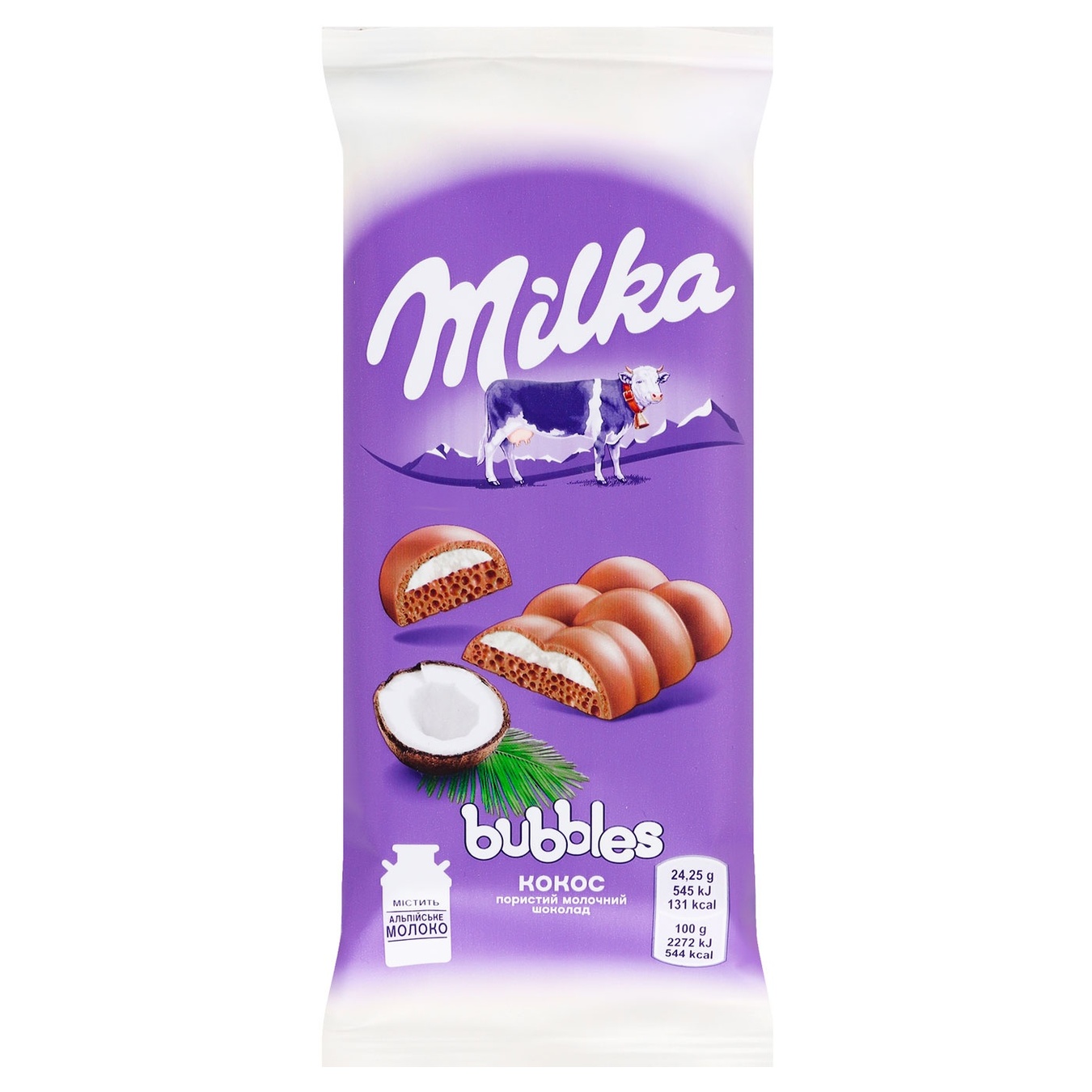 

Шоколад молочный Milka Bubbles пористый с кокосовой начинкой 97г