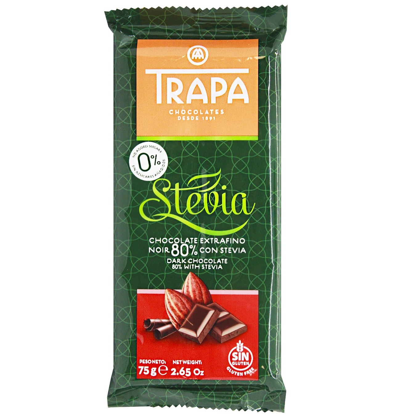 

Шоколад черный Trapa Stevia без сахара 75г