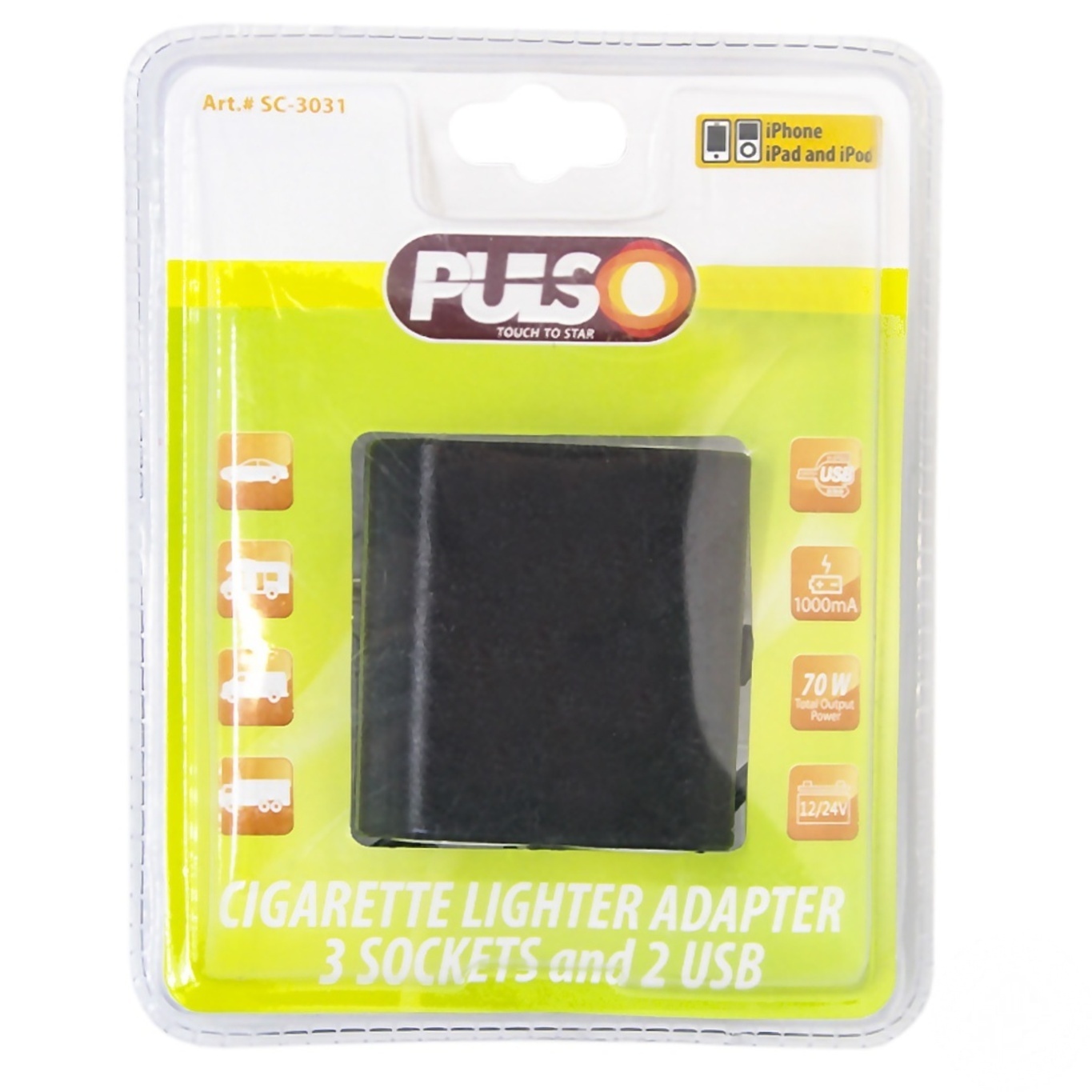 

Удлинитель прикуривателя PULSO 3 выхода+2USB 1000mA 12 24V SC-20
