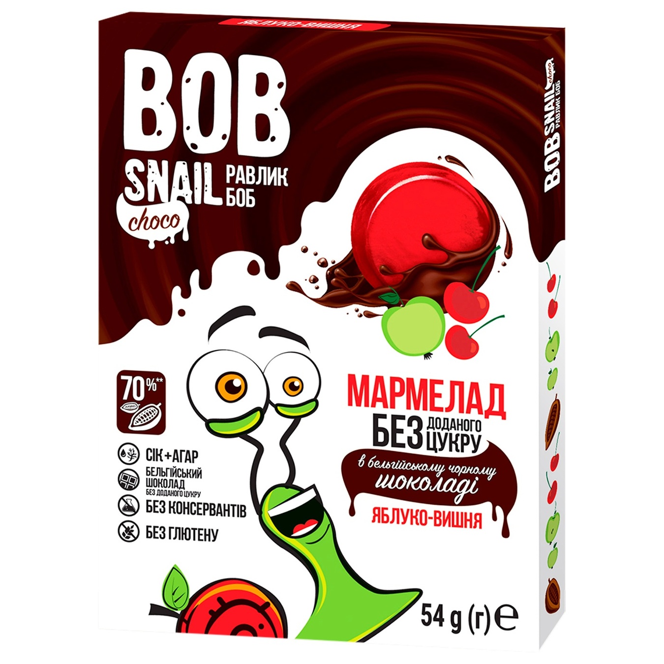 

Мармелад Bob Snail яблоко-вишня в черном шоколаде без сахара 54г