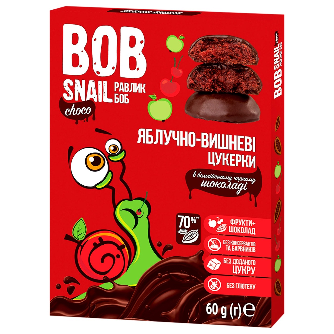 

Конфеты Bob Snail яблочно-вишневые в черном шоколаде без сахара 60г